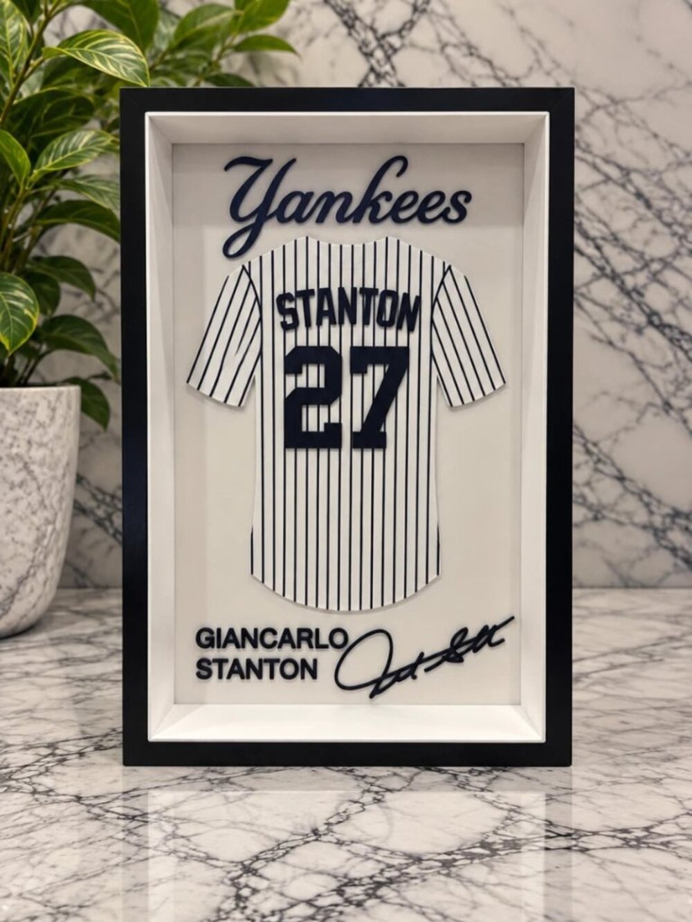 Giancarlo Stanton Yankees #27 White Pinstripe Shadowbox Display